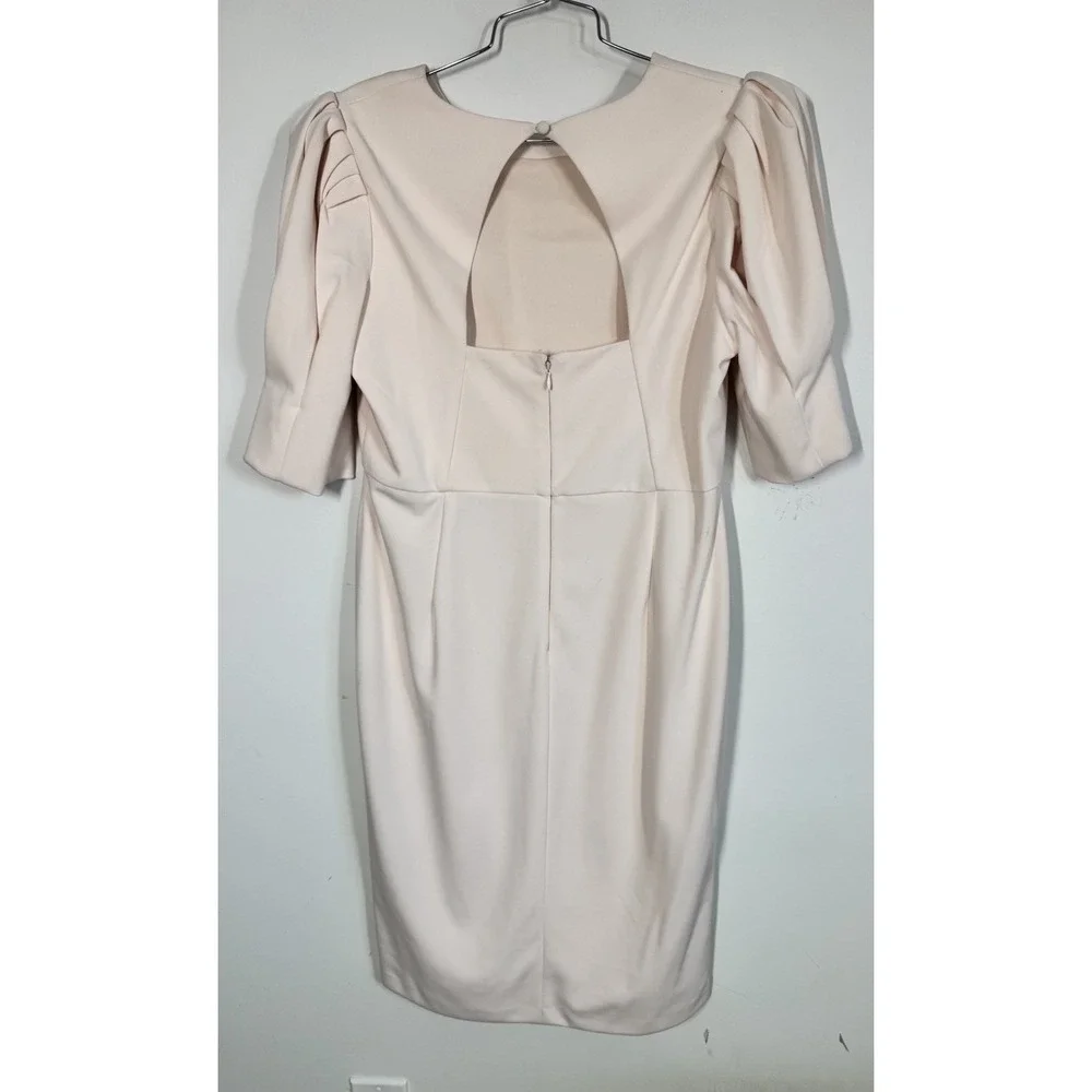 Calvin Klein Blush Pink Puff Sleeve Midi Sheath Dress Open Back Size 12 Wedding‎